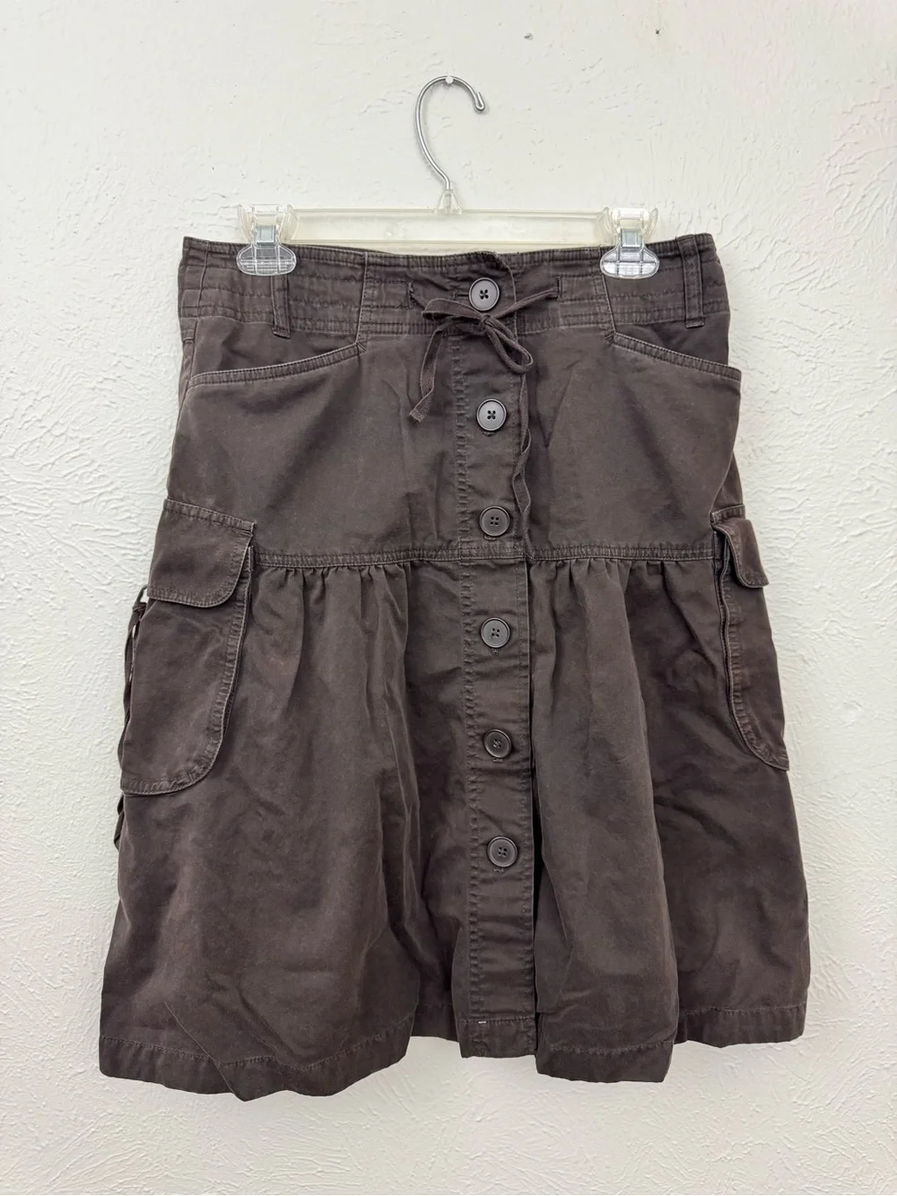 LOFT Utility Cargo Skirt Brown Cotton Button Front Drawstring Pockets Sz 4